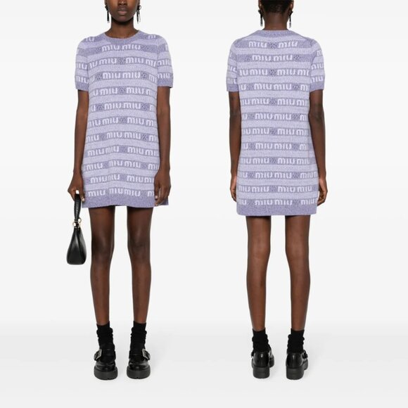 NWT Miu Miu Logo Intarsia Knit Shift Mini Dress Purple Cashmere Crew Neck Sz 38